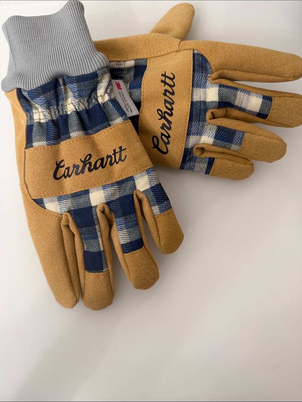 Carhartt Women’s Tan Work Gloves with Blue Plaid Accents Size Large